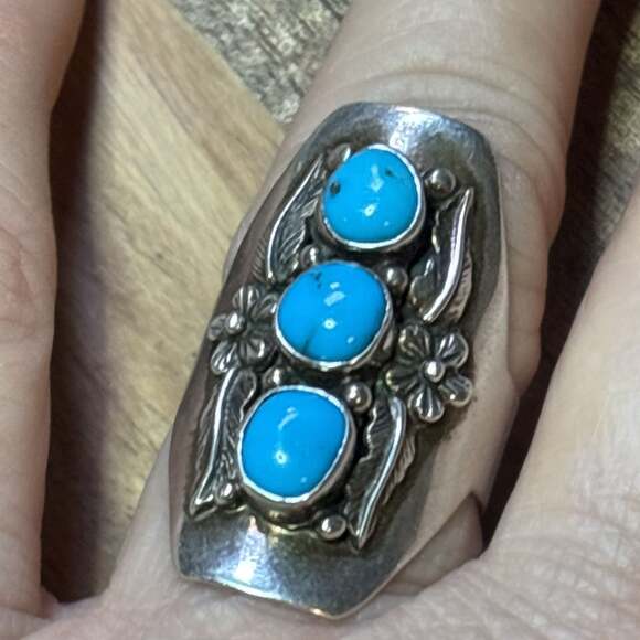 Carol Felley 1988 Sterling Silver 925 Triple Turquoise Feather Ring Sz 9 - Picture 4 of 7